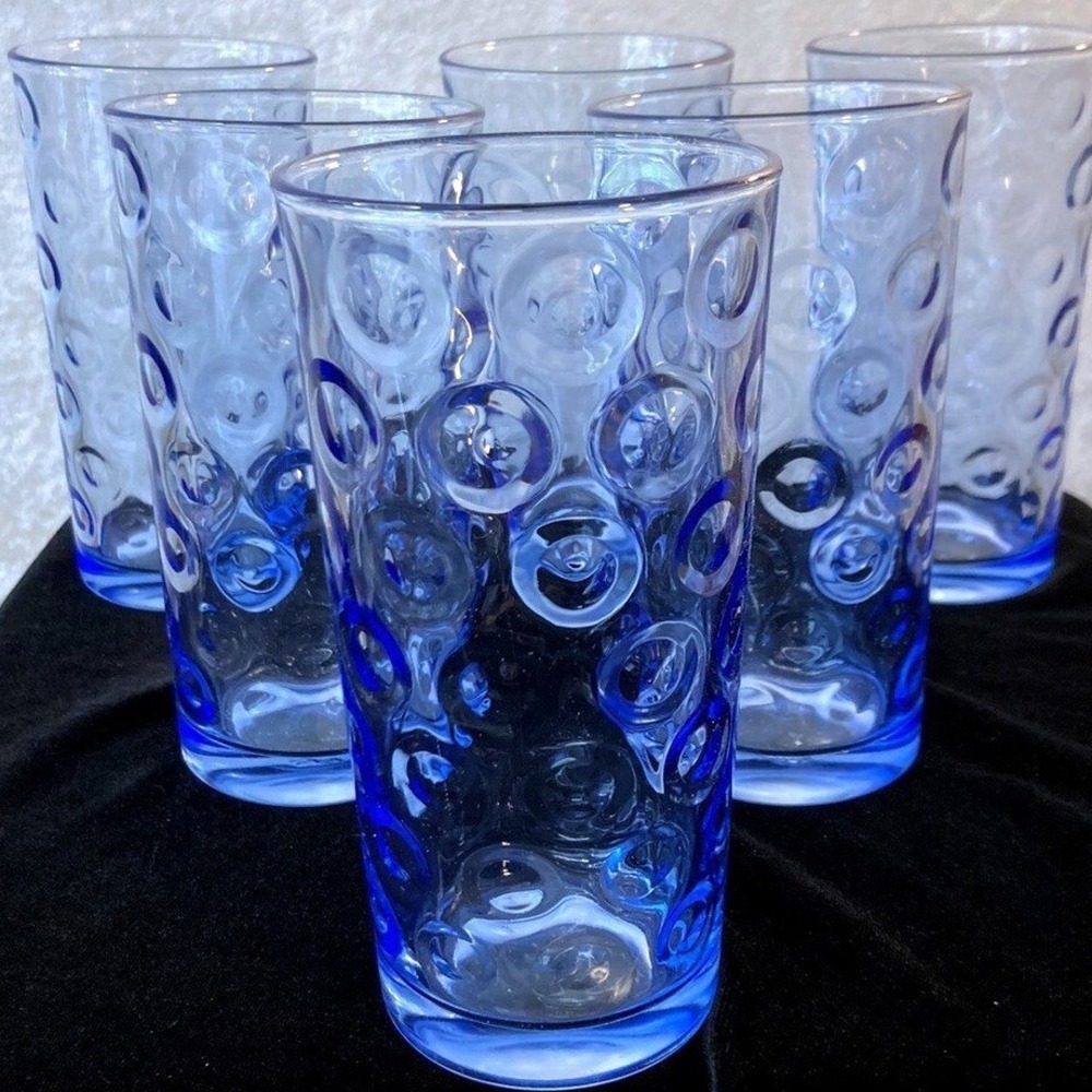 6 Vintage 1960's Sisecam Pasabahce Blue " Circles" Drinking Glasses 10 oz